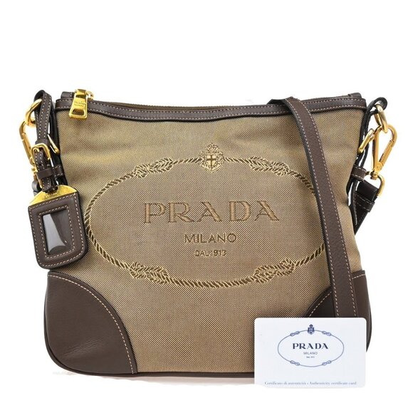 PRADA Logo Jacquard Crossbody Shoulder Bag Canvas Leather Brown - Picture 1 of 13